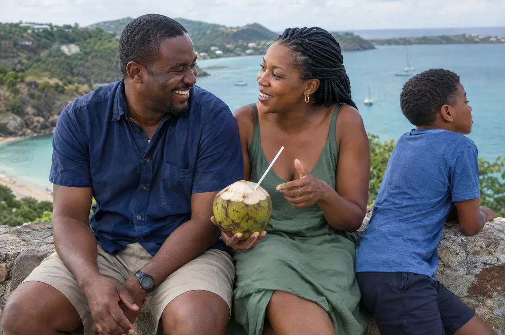 Couple sharing a coconut above a bay in Antigua, their son beside them