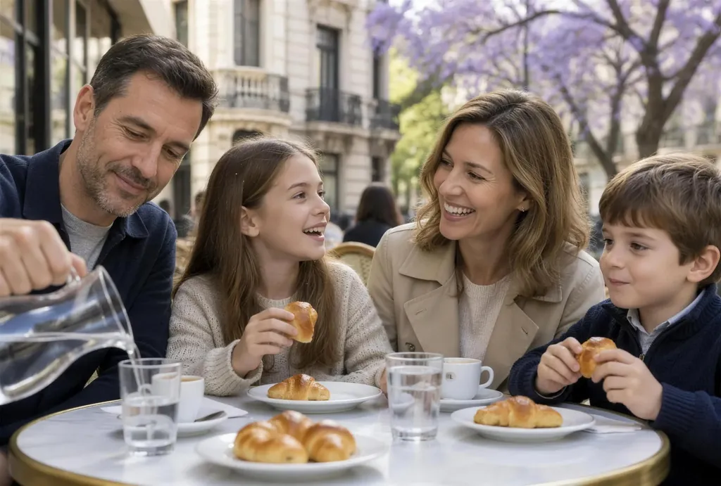 Family sharing medialunas at a corner cafe in Recoleta, Buenos Aires