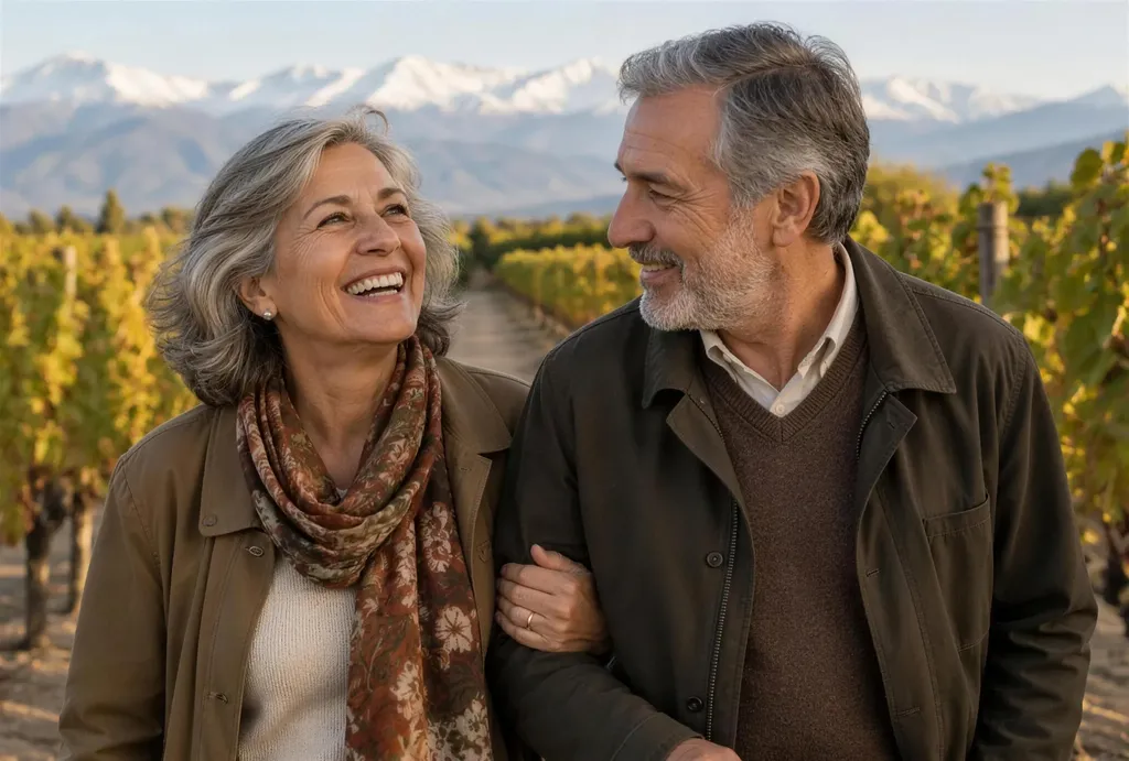 Retired couple walking arm in arm through a vineyard in Mendoza, Argentina