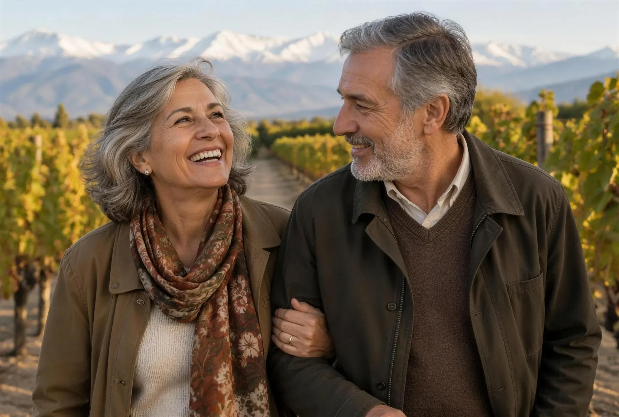 Retired couple walking arm in arm through a vineyard in Mendoza, Argentina