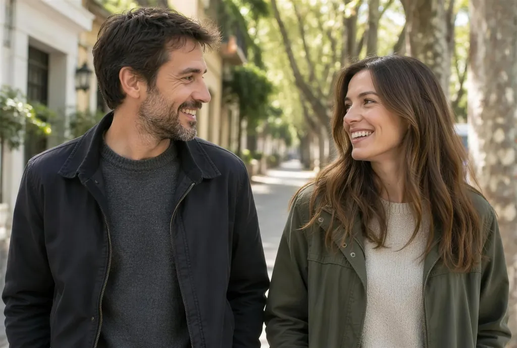 Couple walking along a tree-lined street in Palermo, Buenos Aires