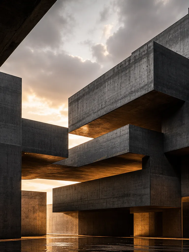 Abstract charcoal concrete cantilevers in cinematic light