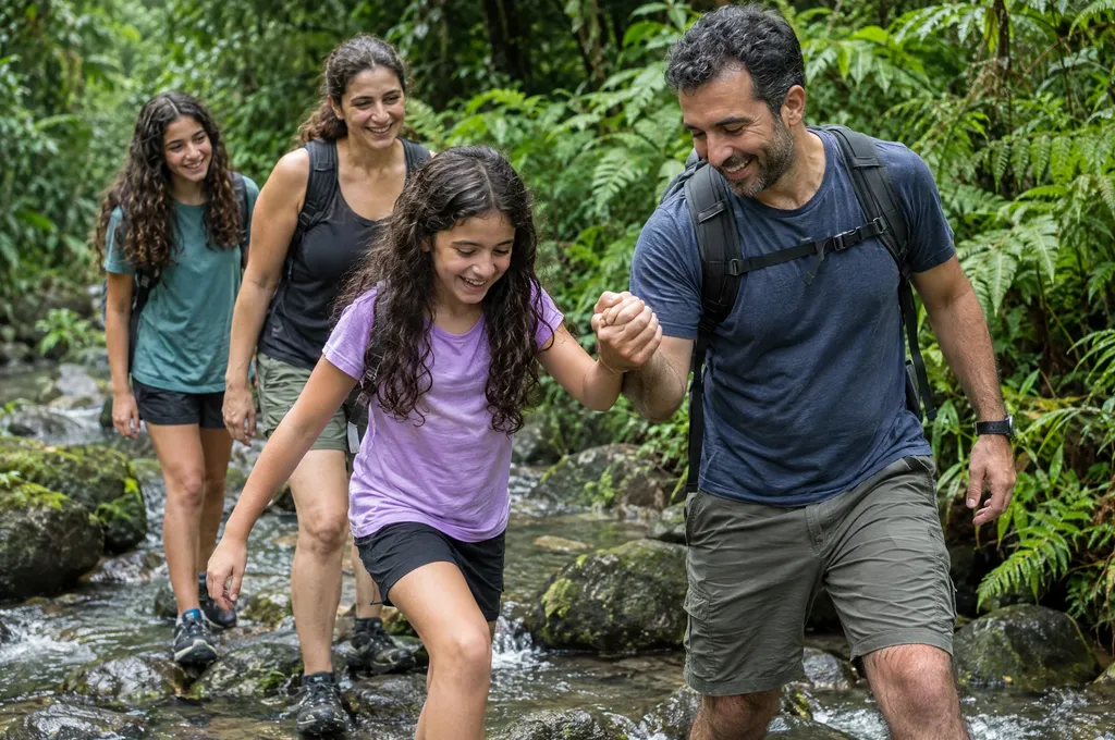 Father helping his daughter across a rainforest river in Dominica
