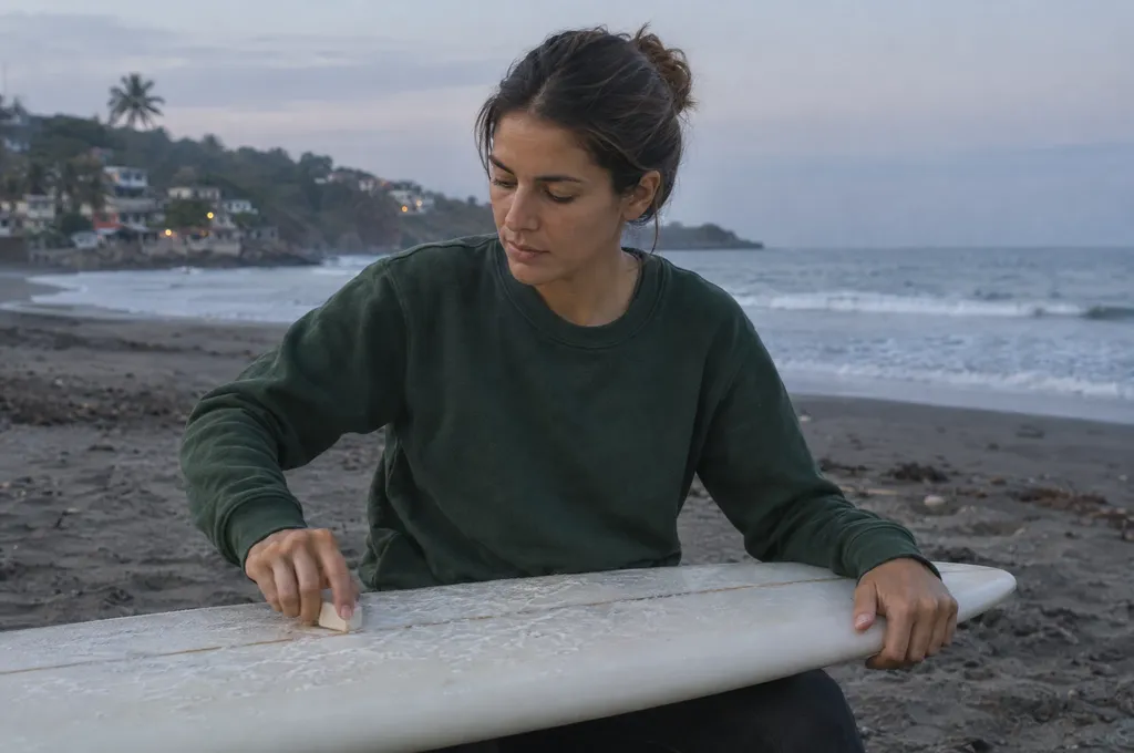 Woman waxing her surfboard at dawn in El Zonte, El Salvador