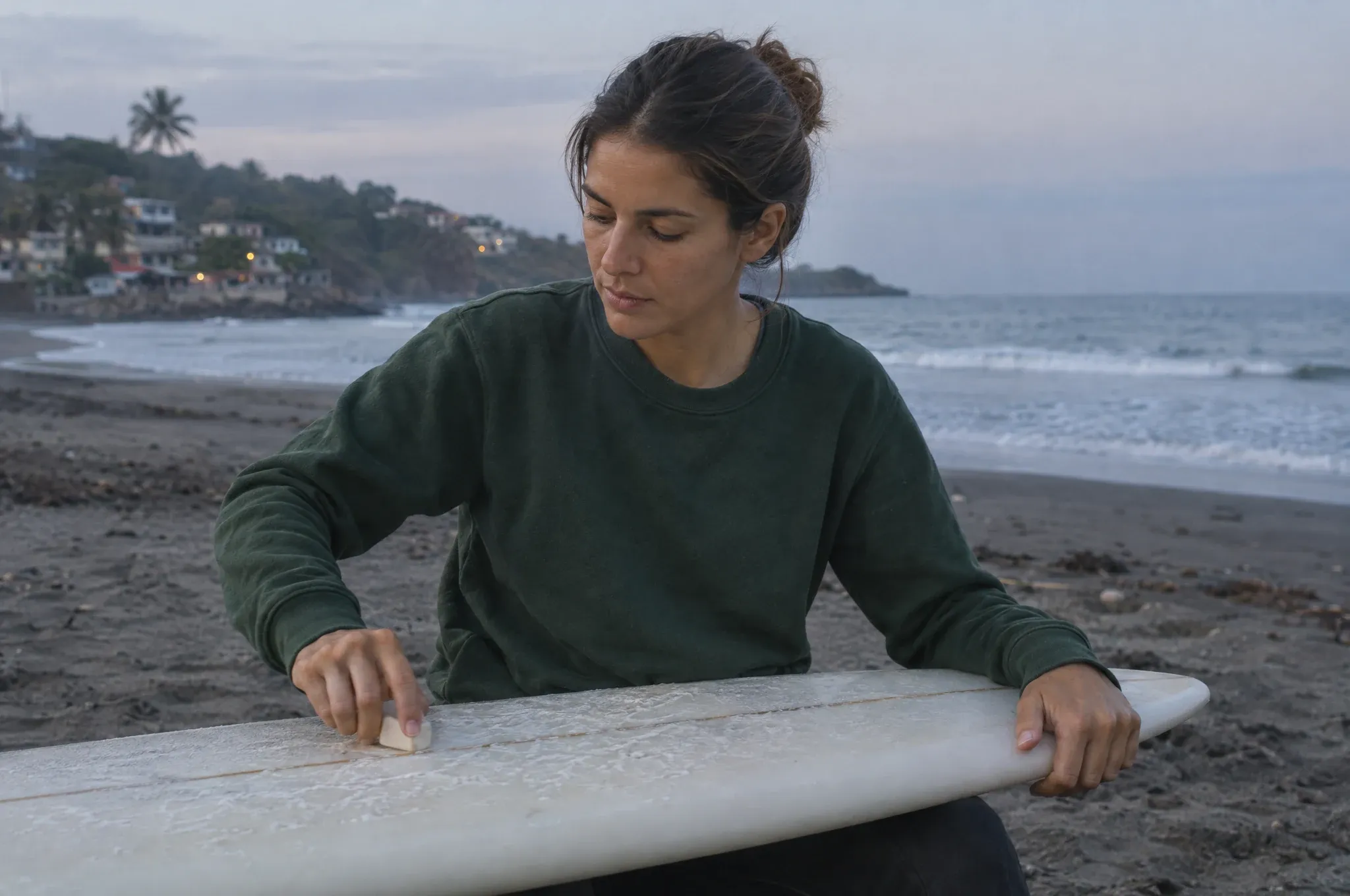 Woman waxing her surfboard at dawn in El Zonte, El Salvador