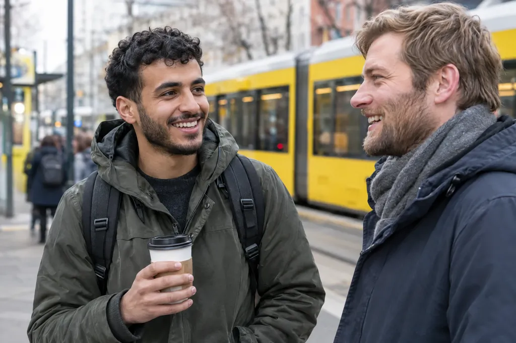 Young man with a coffee chatting with his neighbour at a Berlin tram stop