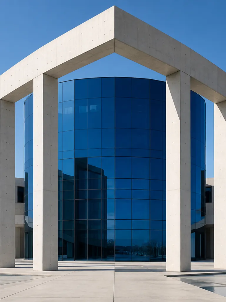White concrete colonnade folding around cobalt glass