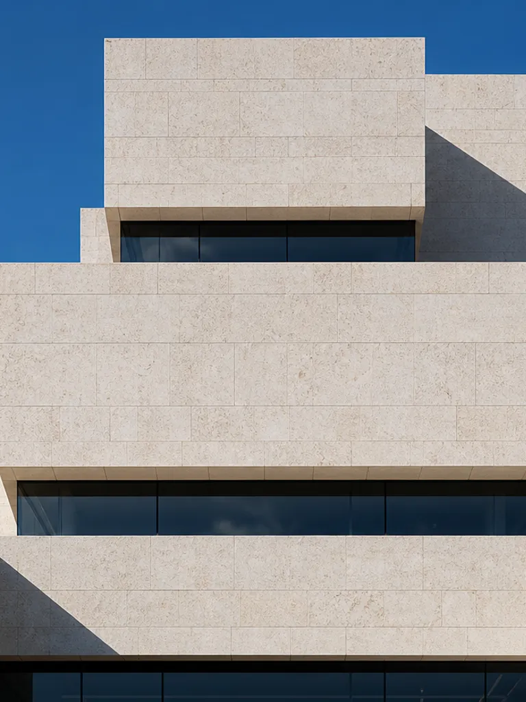 Layered pale-stone terraces cut by black glass slots