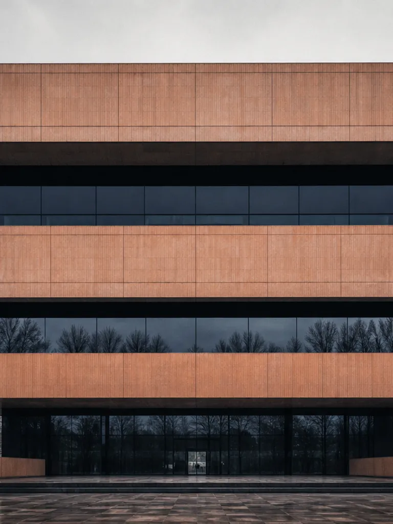 Symmetrical terracotta cantilevers with dark reflective glass