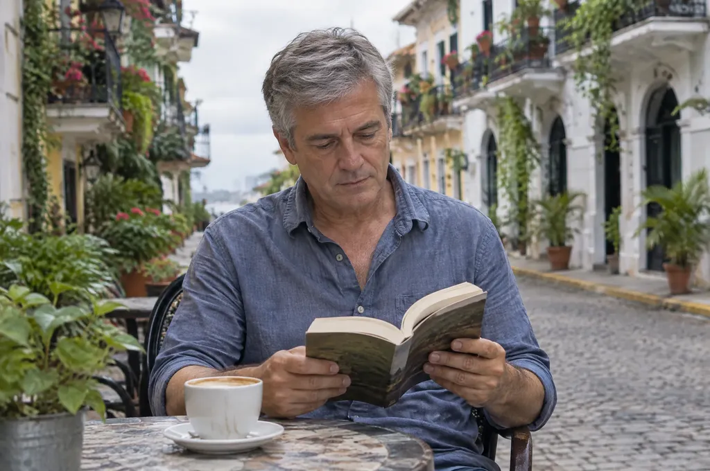 Man reading a book at an outdoor café in Casco Viejo, Panama City