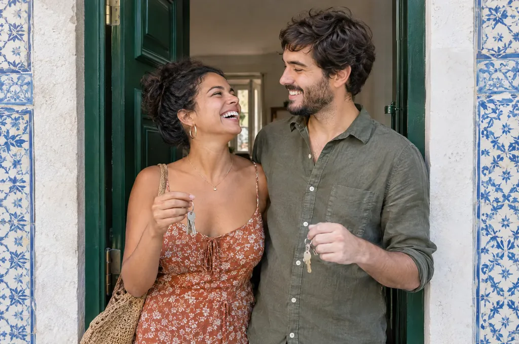 Couple holding the keys at the door of their new apartment in Lisbon