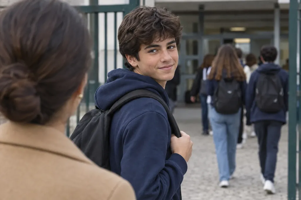 Boy saying goodbye to his mother at a Lisbon school gate