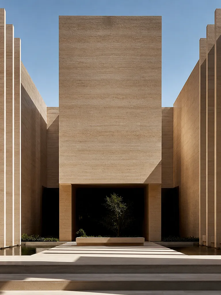 Warm sandstone fins surrounding a shaded courtyard