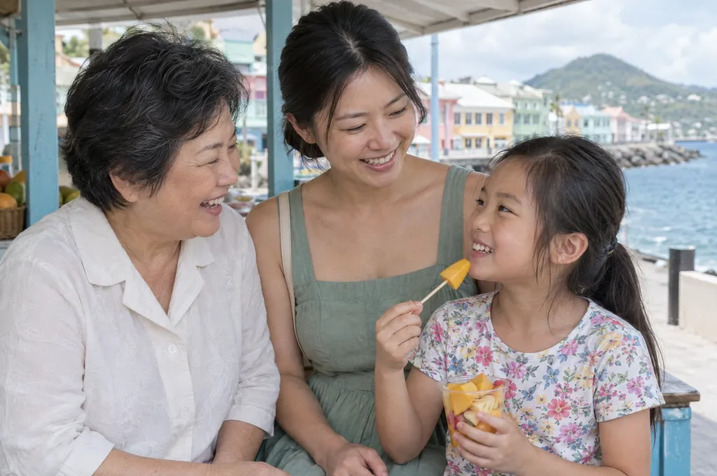 Grandmother, mother and daughter sharing fruit by the sea in Basseterre, St Kitts