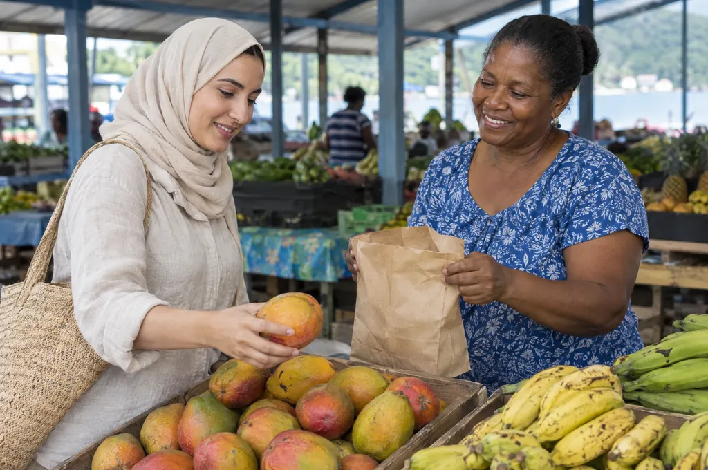 Shopper choosing mangoes at the Castries market, Saint Lucia