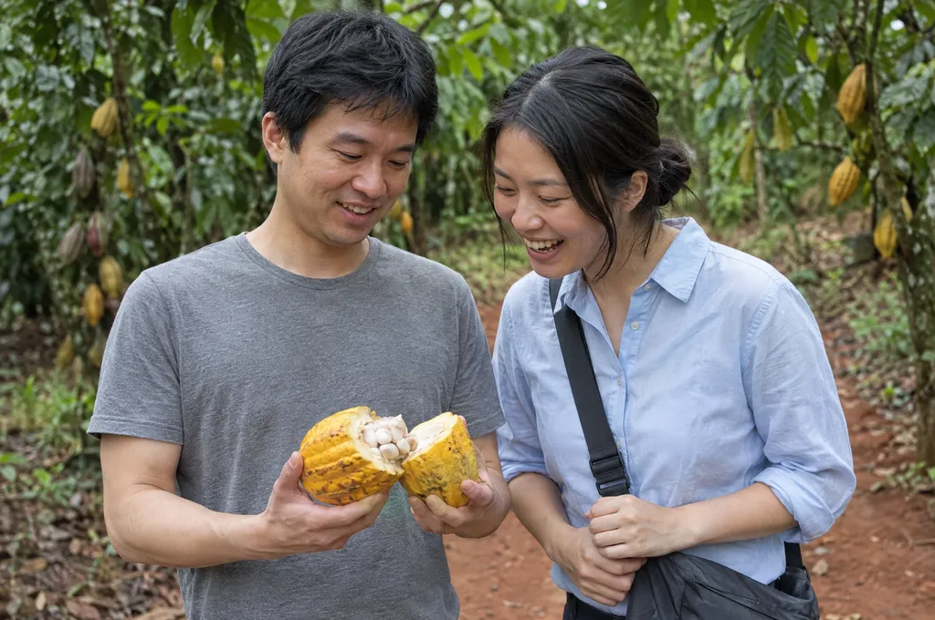 Couple looking at an open cocoa pod on a plantation in São Tomé
