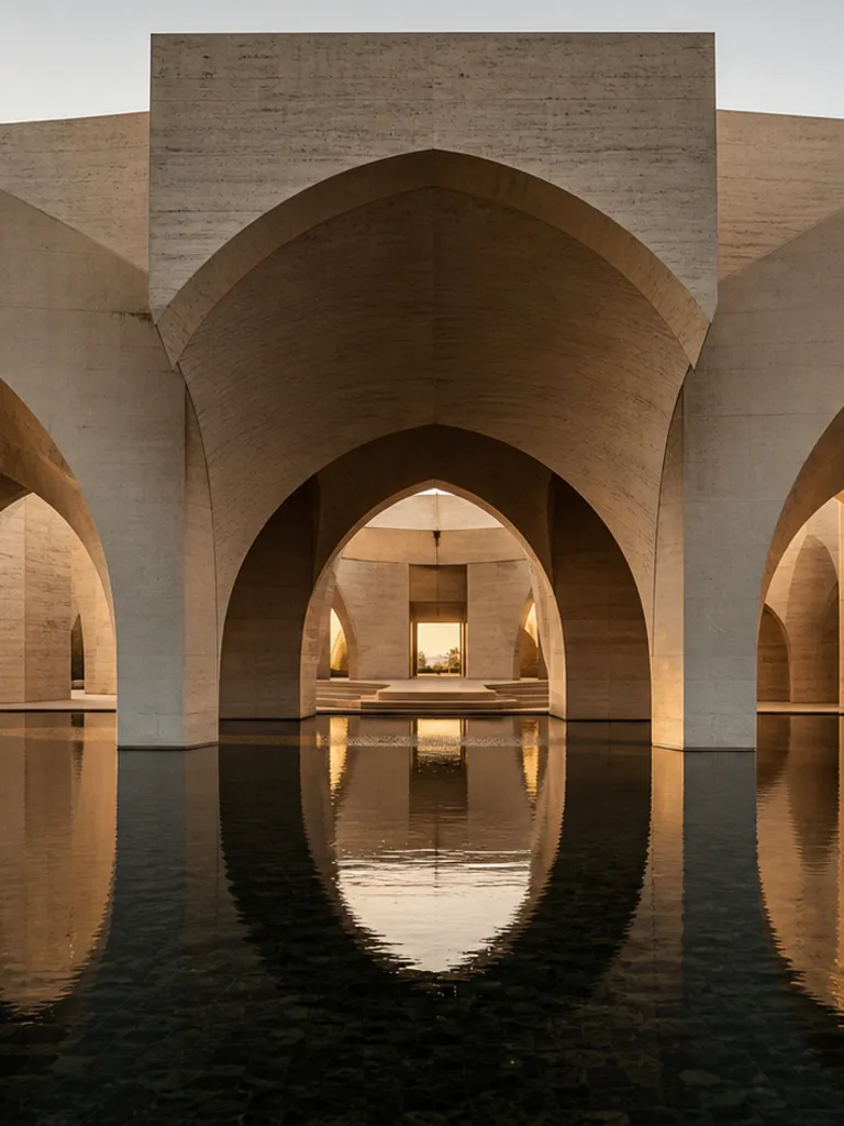 Interlocking travertine vaults above a black reflecting pool