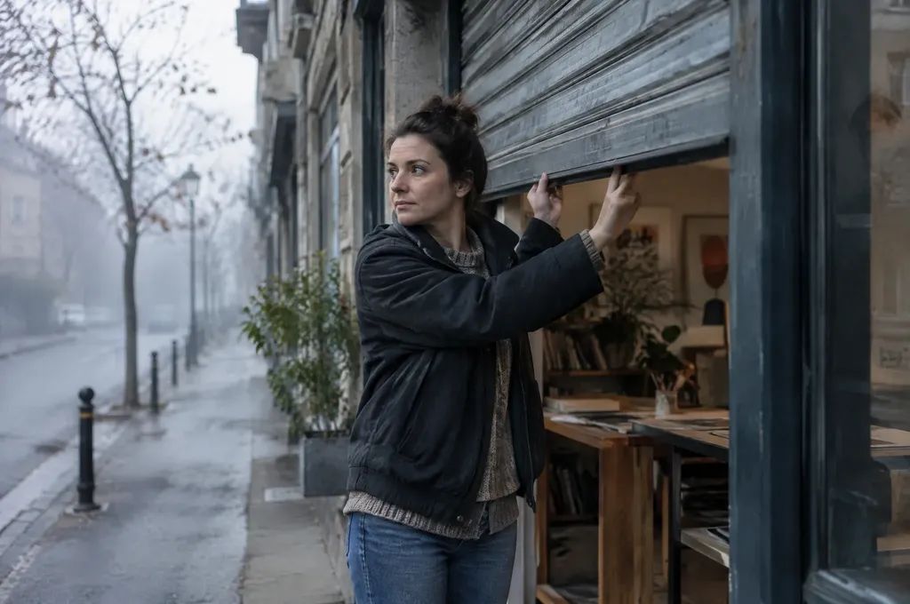 Woman opening the shutter of her small studio in Belgrade