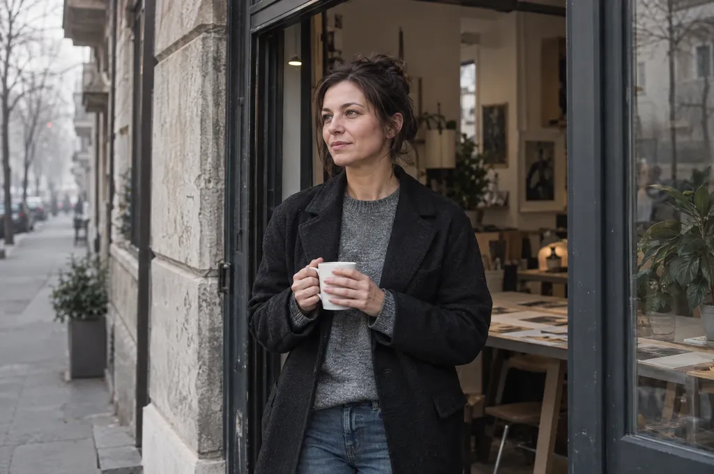 Woman with a coffee at the door of her design studio in Belgrade