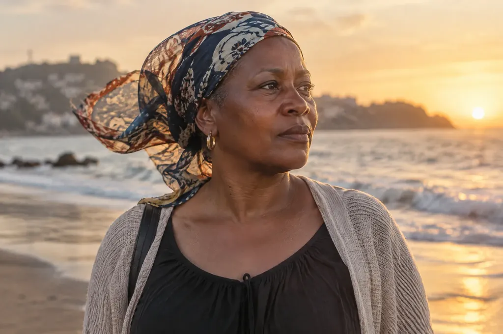 Woman looking out to sea on Lumley Beach, Freetown