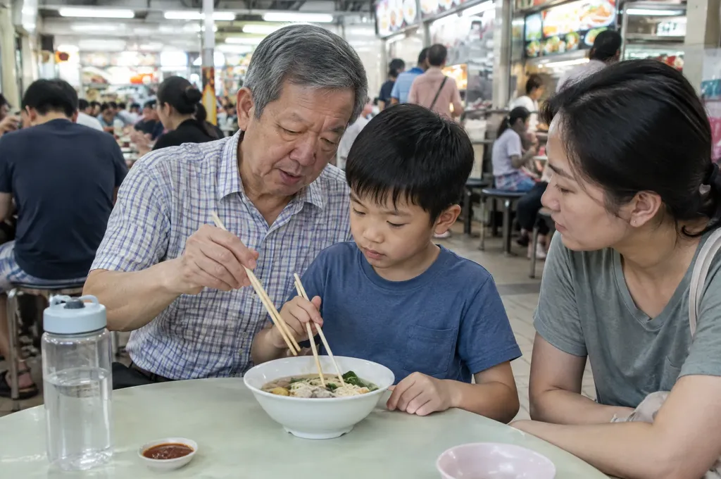 Grandfather teaching his grandson to use chopsticks at a Singapore hawker centre