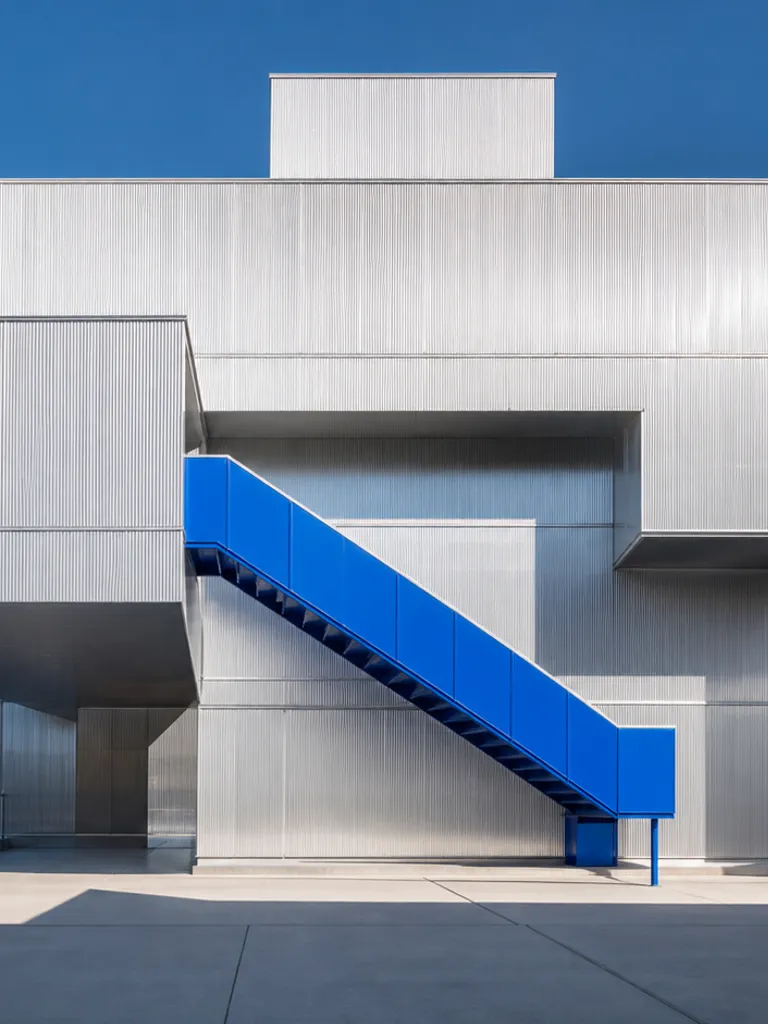 Silver volumes stepping around an ultramarine stair