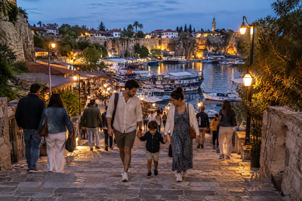 Family walking down to Antalya's old harbour at dusk