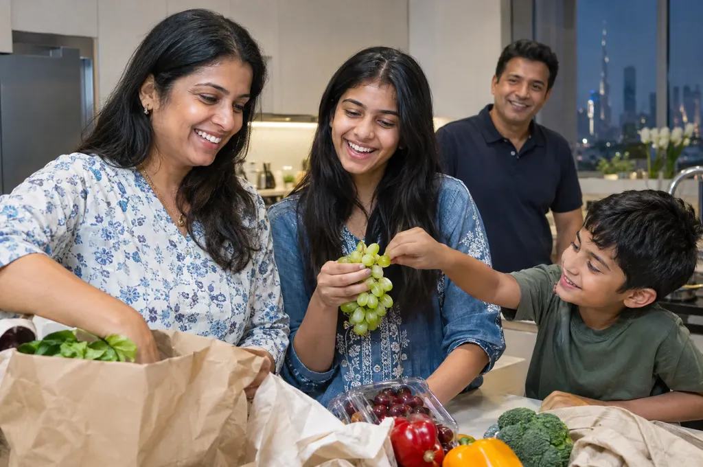 Family unpacking groceries in the kitchen of their Dubai home