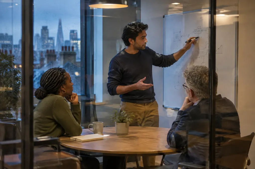 Founder sketching a plan for colleagues in a London meeting room